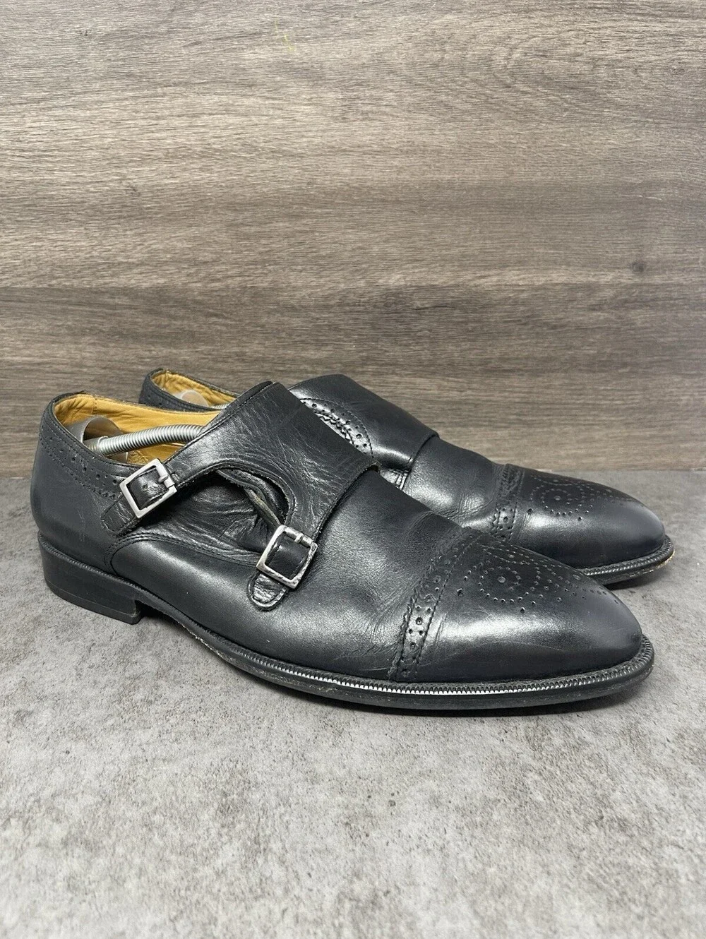 Vince Camuto Black Leather Double Monk Strap Size 11.5 Mens Cap Toe Dress Shoes
